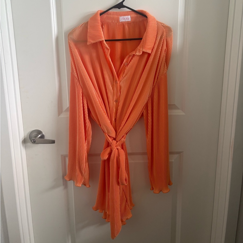 Pink Lily Peach Button-Front Tie-Waist Dress